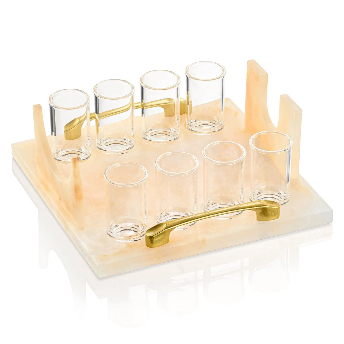 Cream resin liquor and wine serving set with multiple glasses and matching bottle holder on white base, by Waterdale Collection