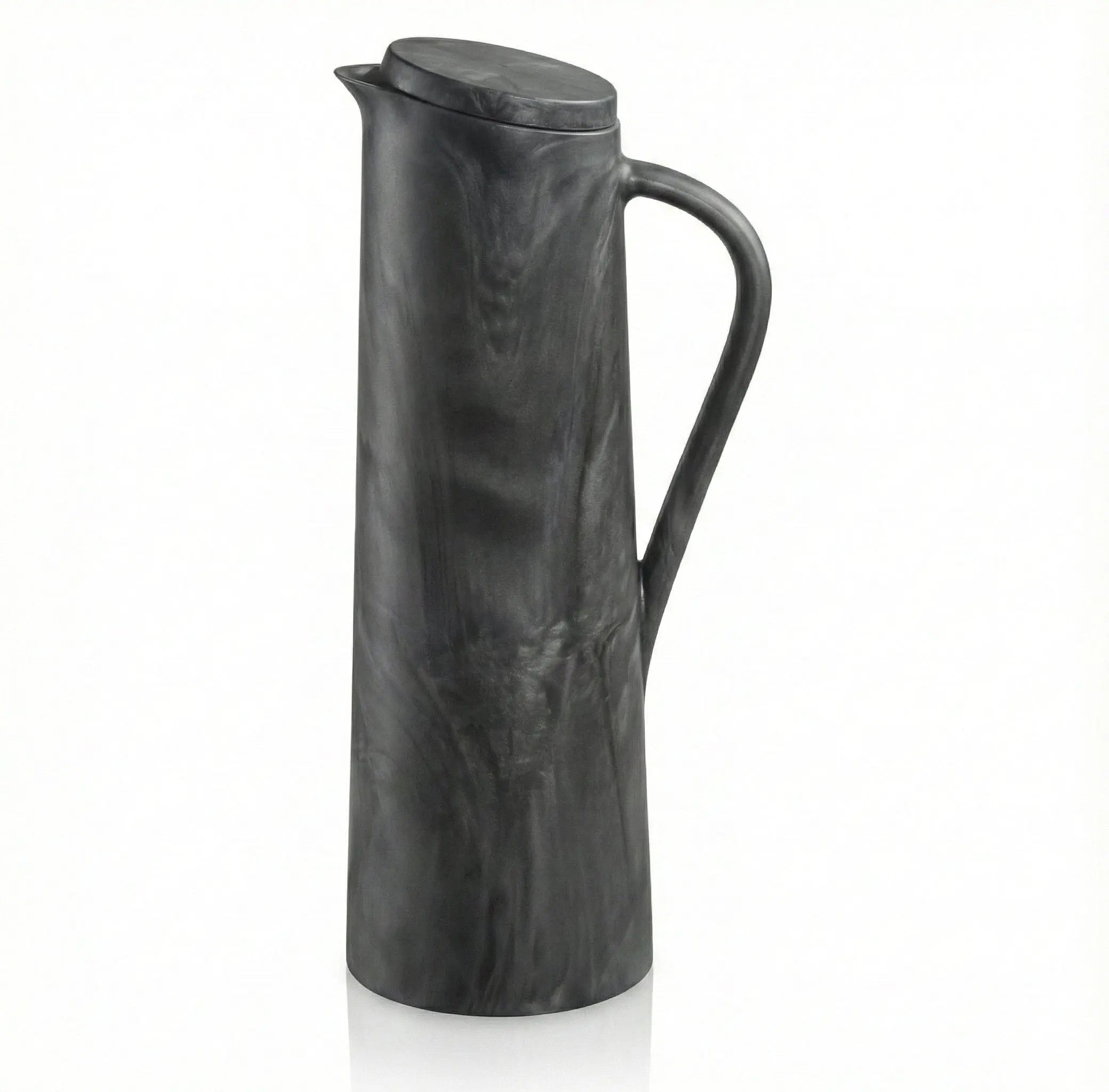 Charcoal gray resin pitcher with textured twig-inspired pattern and curved handle, ideal for Passover entertaining and tabletop décor.