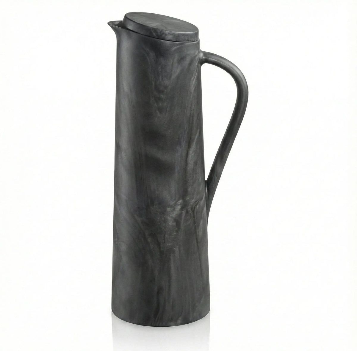 Charcoal gray resin pitcher with textured twig-inspired pattern and curved handle, ideal for Passover entertaining and tabletop décor.