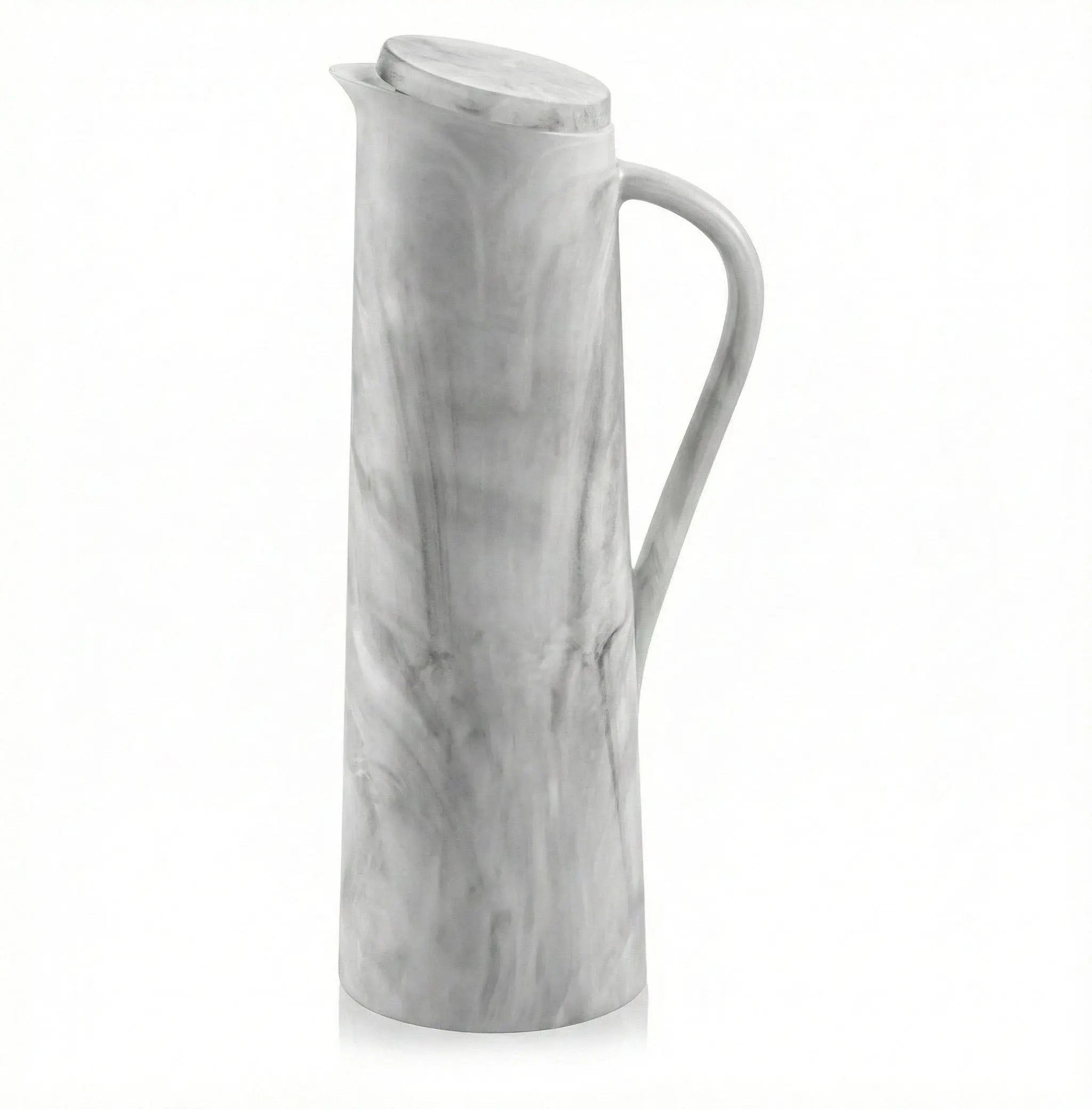 Waterdale Collection resin pitcher in white marble pattern with curved handle and tapered spout design for serving beverages.