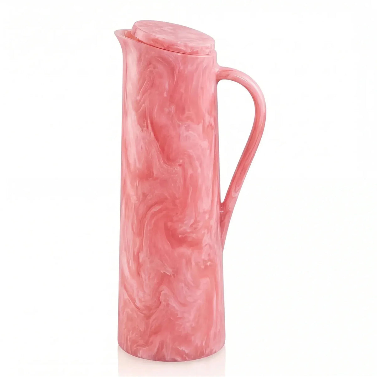 Pink resin pitcher with textured surface and curved handle from Waterdale Collection's tabletop collection.