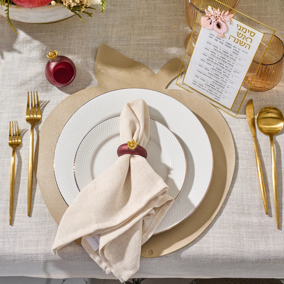 Deep red pomegranate napkin ring in sculptural resin for Rosh Hashana