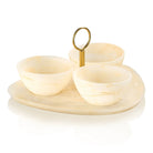 Cream-colored resin dip bowl set with two bowls on a wooden tray and gold spoon holder, serveware for appetizers and condiments.