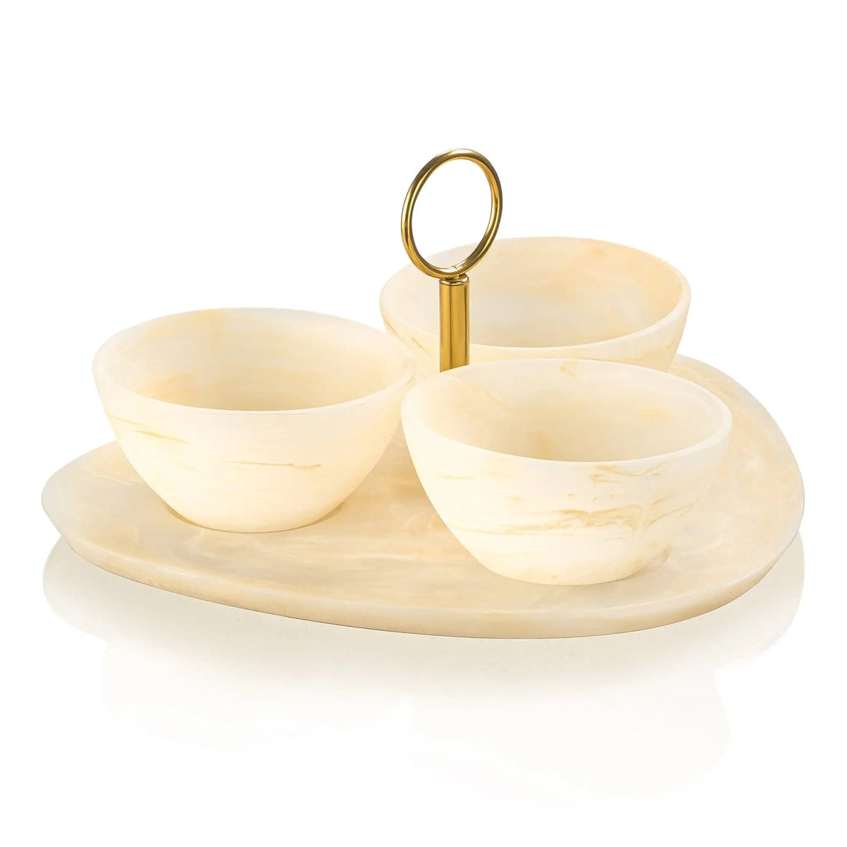 Cream-colored resin dip bowl set with two bowls on a wooden tray and gold spoon holder, serveware for appetizers and condiments.