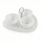 Clear resin round dip bowl set with three bowls on a matching oval tray and metal handle, ideal for serving appetizers and dips.