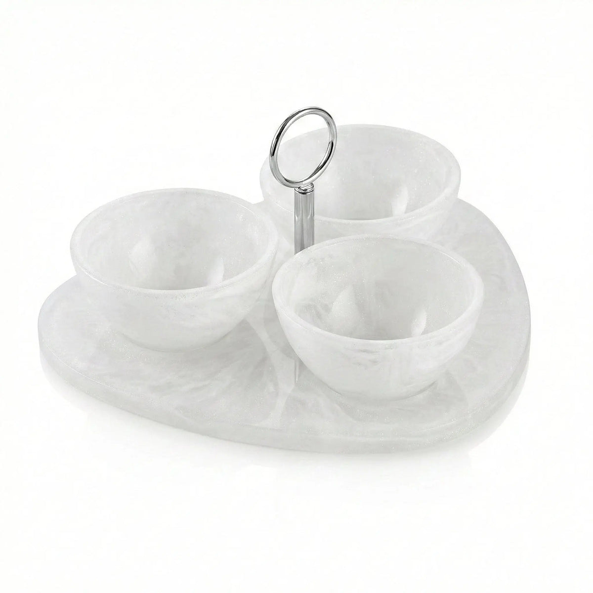 Clear resin round dip bowl set with three bowls on a matching oval tray and metal handle, ideal for serving appetizers and dips.