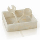 Cream and gold glitter resin salad servers with decorative handles in a matching storage box, elegant serveware for entertaining.
