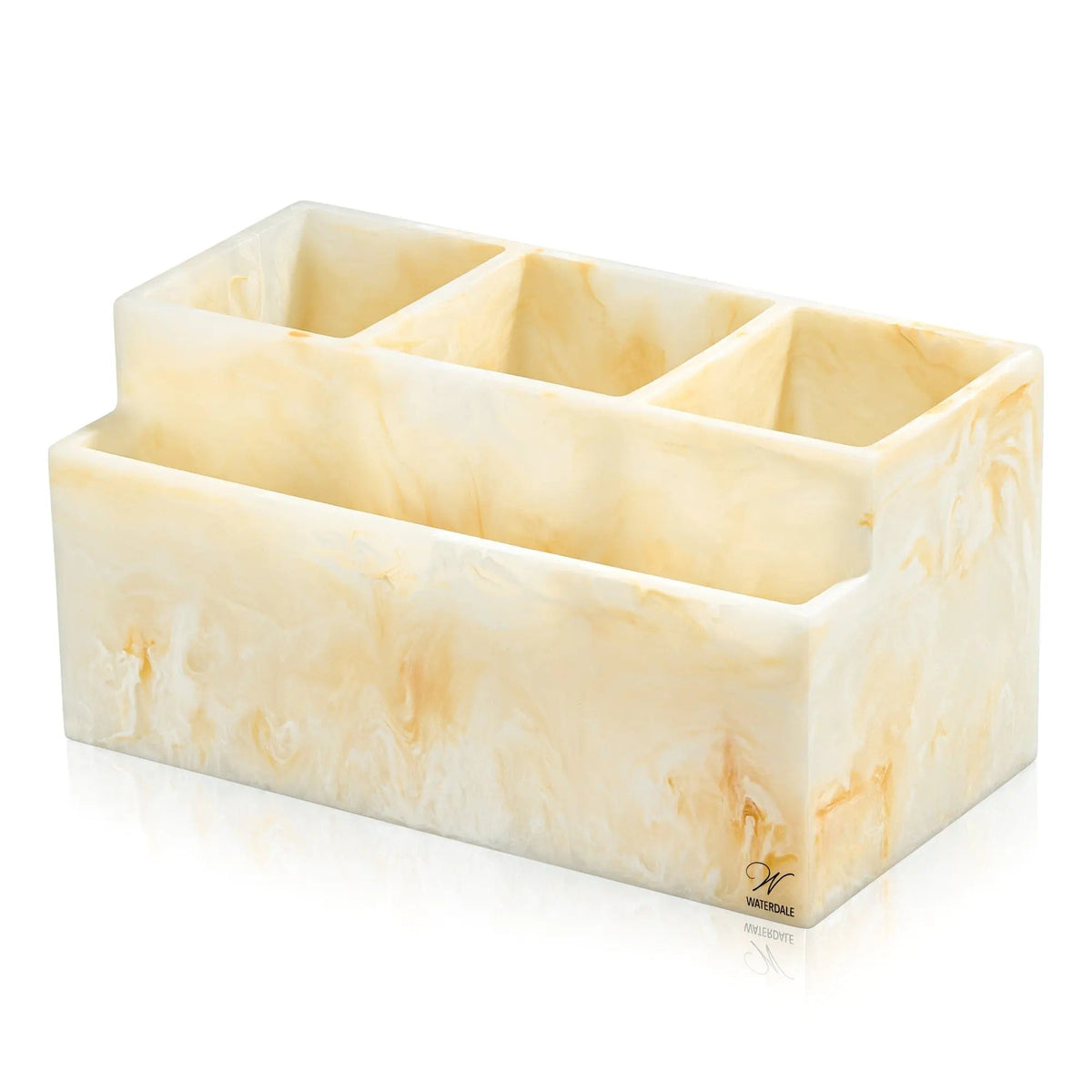 Cream-colored resin silverware caddy with four compartments for organizing utensils on a dining table.