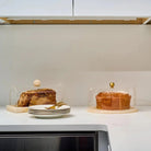 Small rectangular resin cake dome by Waterdale Collection displayed with a layered cake, featuring a warm amber tone and elegant design for serving and storage.