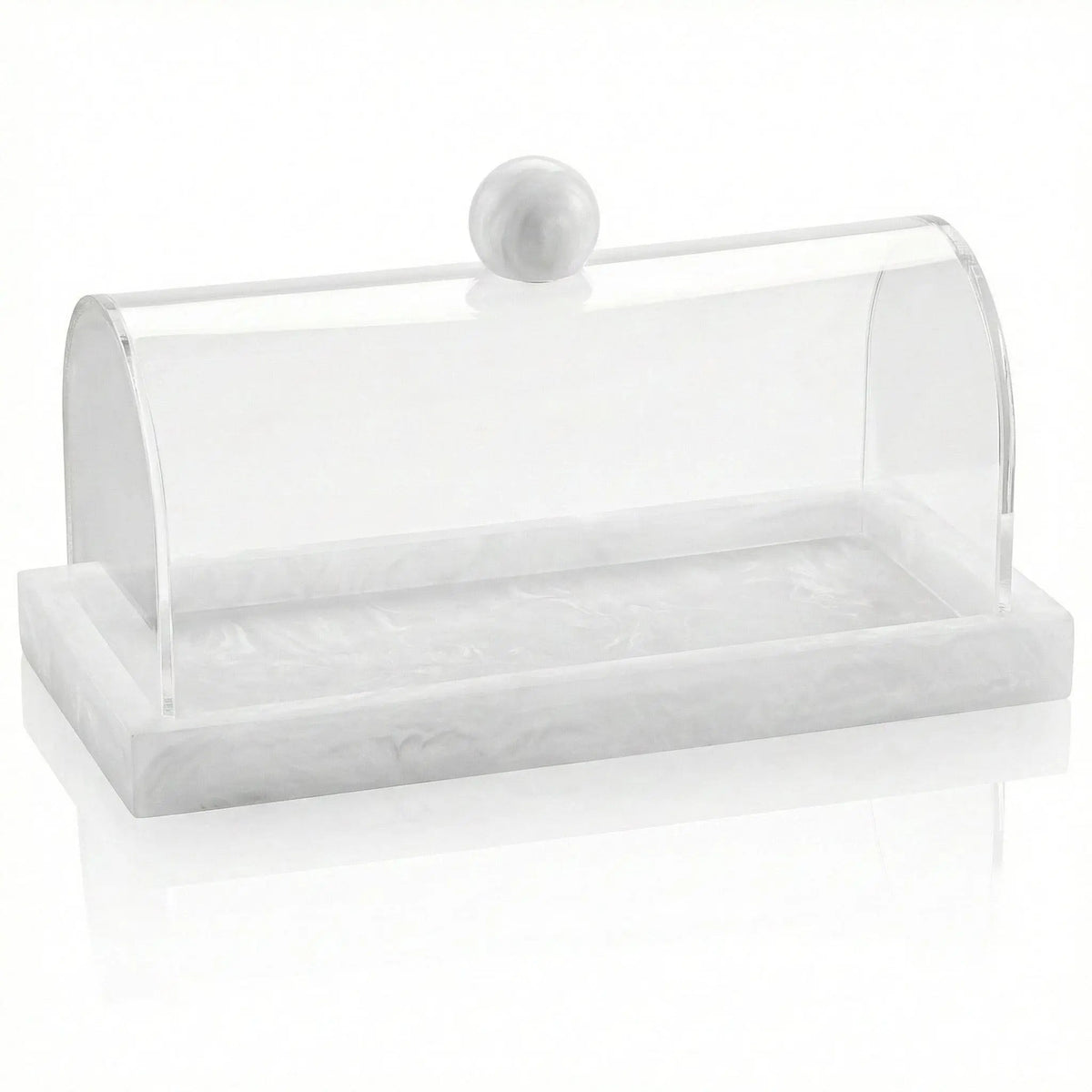 Small rectangular resin cake dome with clear acrylic cover and white base, ideal for serving and protecting baked goods at gatherings.