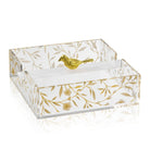 Square floral bird napkin holder with gold leaf design on white acrylic, perfect for elegant table settings and hostess gifts.