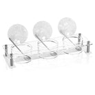 Three suspended pearlstone dip bowls with stainless steel stands and serving spoons, elegant marble serveware for entertaining and special occasions.